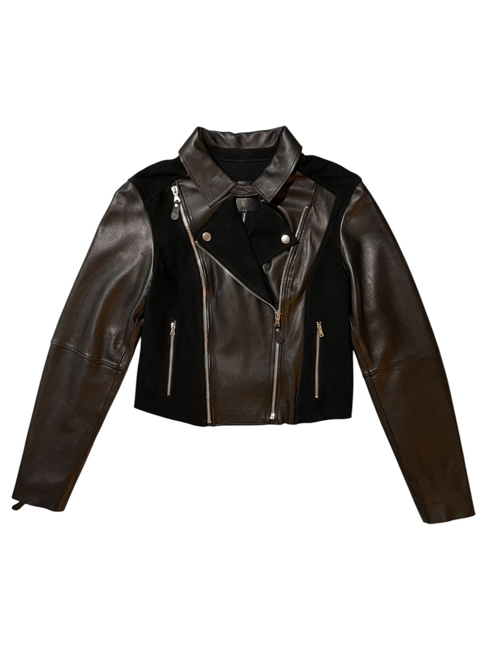 PAIGE Silvie Black Leather Suede Contrast Cropped Moto Jacket XS - Picture 3 of 12